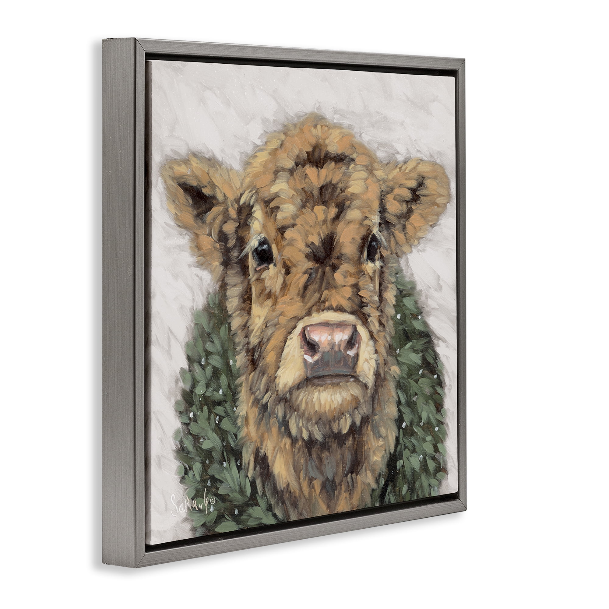 Stupell Industries Calf with Holiday Wreath Holiday Painting Gray Floater Framed Canvas Art Prints Wall Art, 25 x 25