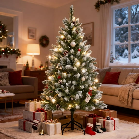 JoanKaren 4.5' Pre-Lit Christmas Tree,Partially Flocked Design Xmas Tree with Pinecones,352 Branch Tips&150 LED Lights