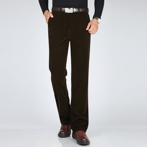 Pantalones largos de pana para hombre, de mediana edad, lisos, con botones, cremallera, cintura alta, bolsillos, pantalones largos de poliéster para hombre.