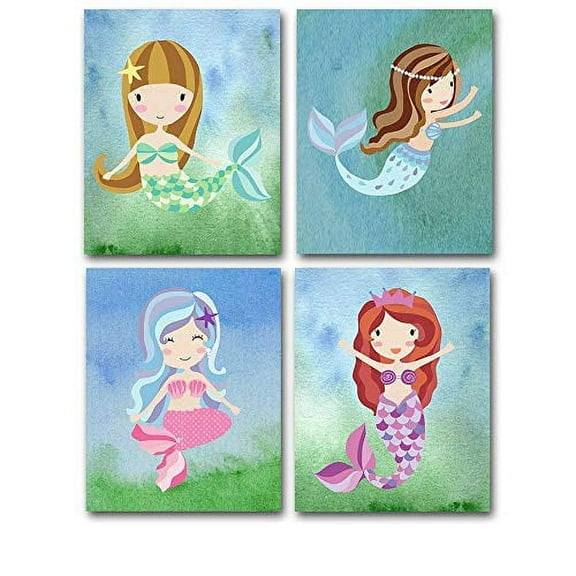 Lone Star Art Mermaids - Set of Four Photos (8x10) Unframed for Kids Great Nursery or Child's Room Decor