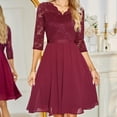 thumbnail image 3 of Robe de Soirée pour Femme à Col en V, Manches 3/4, Dentelle Chiffon, Robe Midi, Fête, Demoiselle d'Honneur, Invitée de Mariage, Cocktail, Bal de Promo, Robes pour Occasions, 3 of 5