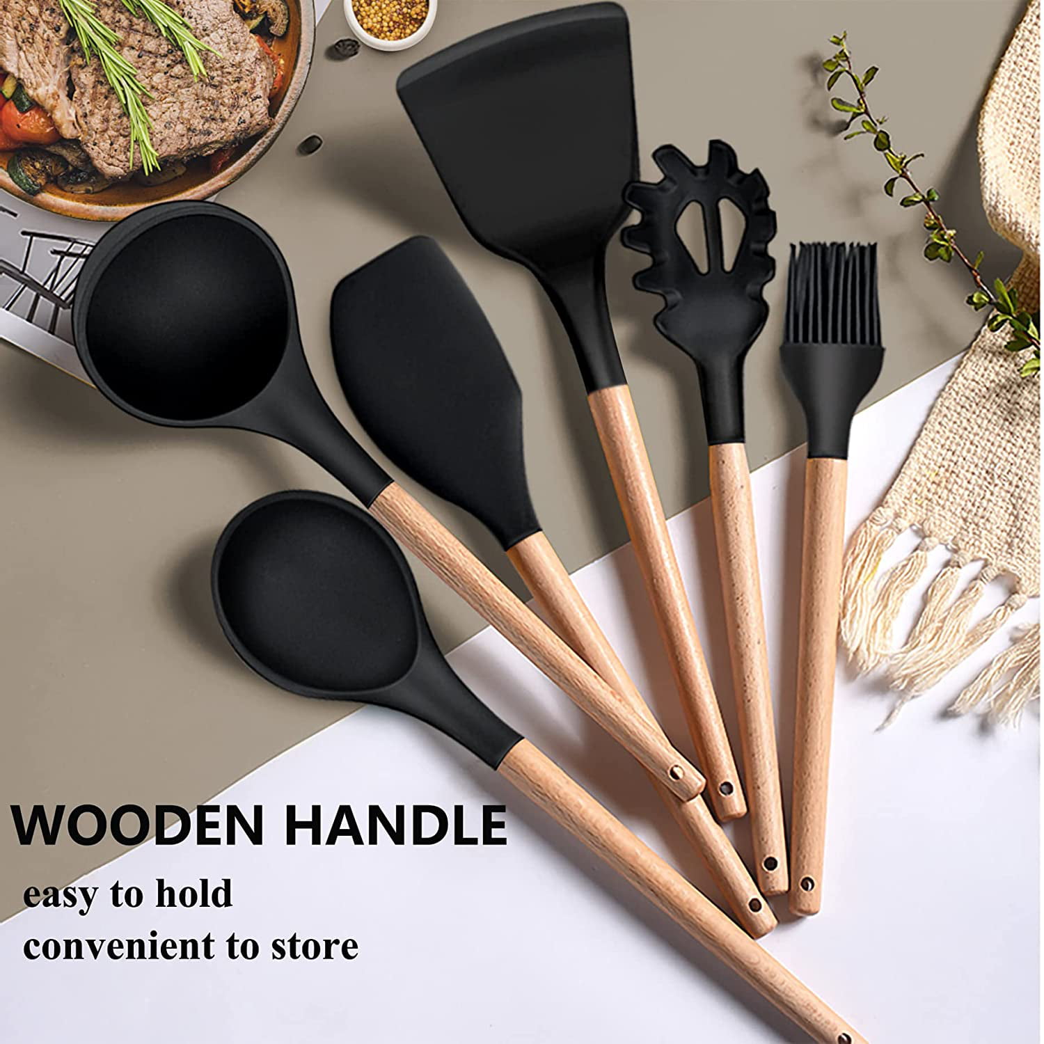 Webake Wooden Handle Silicone Non Stick Kitchen Cooking Utensils Set with  Holder