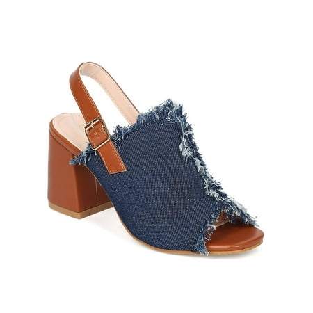 

New Women Heart.Thentic CIARA-20 Denim Peep Toe Frayed Chunky Heel Mule
