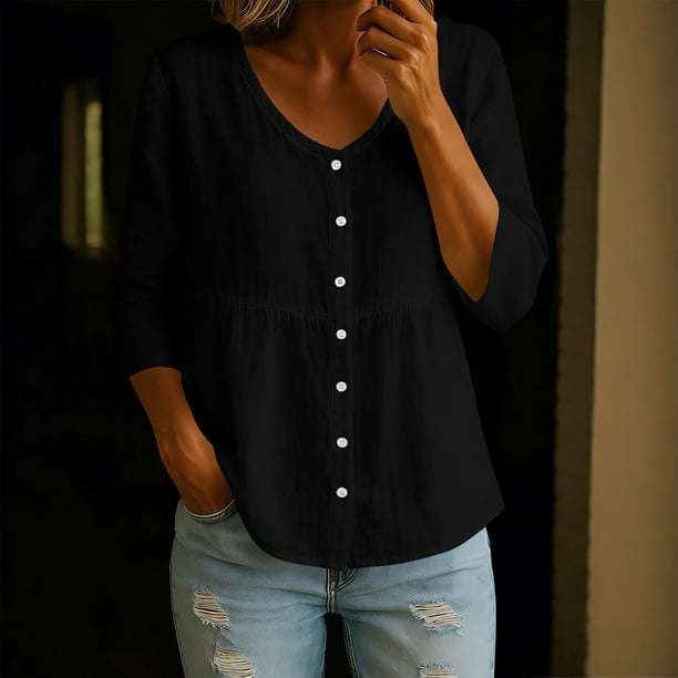 Craaazy Women Casual V Neck Blouse, Solid Color 3/4 Sleeve Button Down Shirt, Loose Fit Comfy Cotton Linen Top for Daily Wear Gifts