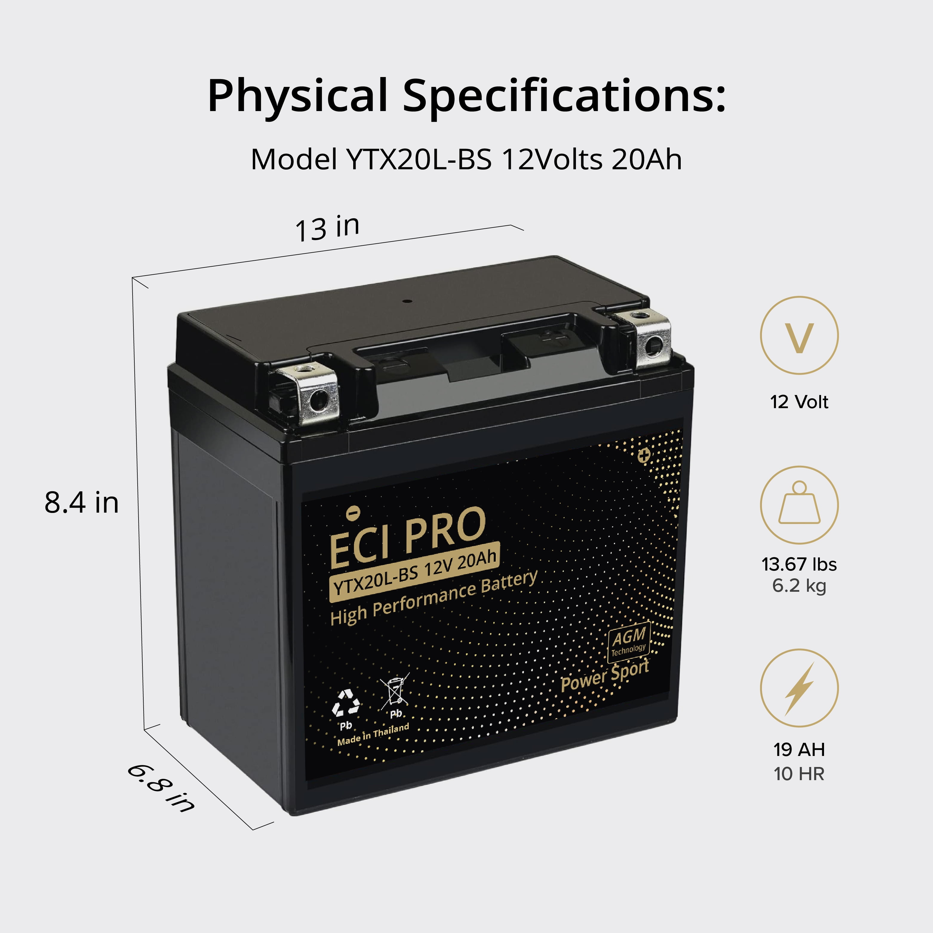 YTX20L-BS AGM Battery - 12V 20Ah 330CCA - Heavy-Duty Powersports Battery for ATV, UTV, Golf Cart, Scooter - Maintenance-Free & Vibration Resistant - High CCA