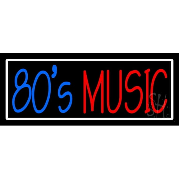 White Border Blue 80s Red Music LED Neon Sign 13 x 32 - inches, Black Square Cut Acrylic Backing, with Dimmer - Bright and Premium built indoor LED Neon Sign for café, club, party and storefront.