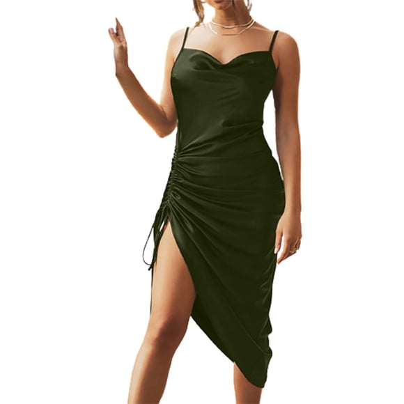 CEHVOM Women's Sling Sexy V-neck Beautiful Back Irregular Drawstring Silk Dress