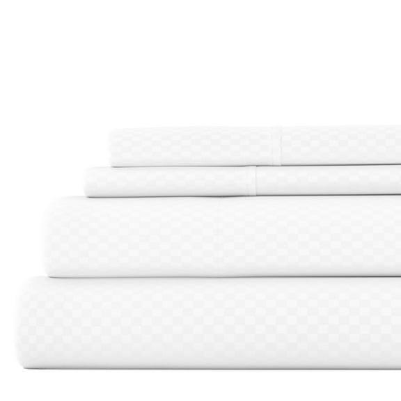 Noble Linens 4 Piece White Checkered Embossed Bed Sheet Set, CalKing