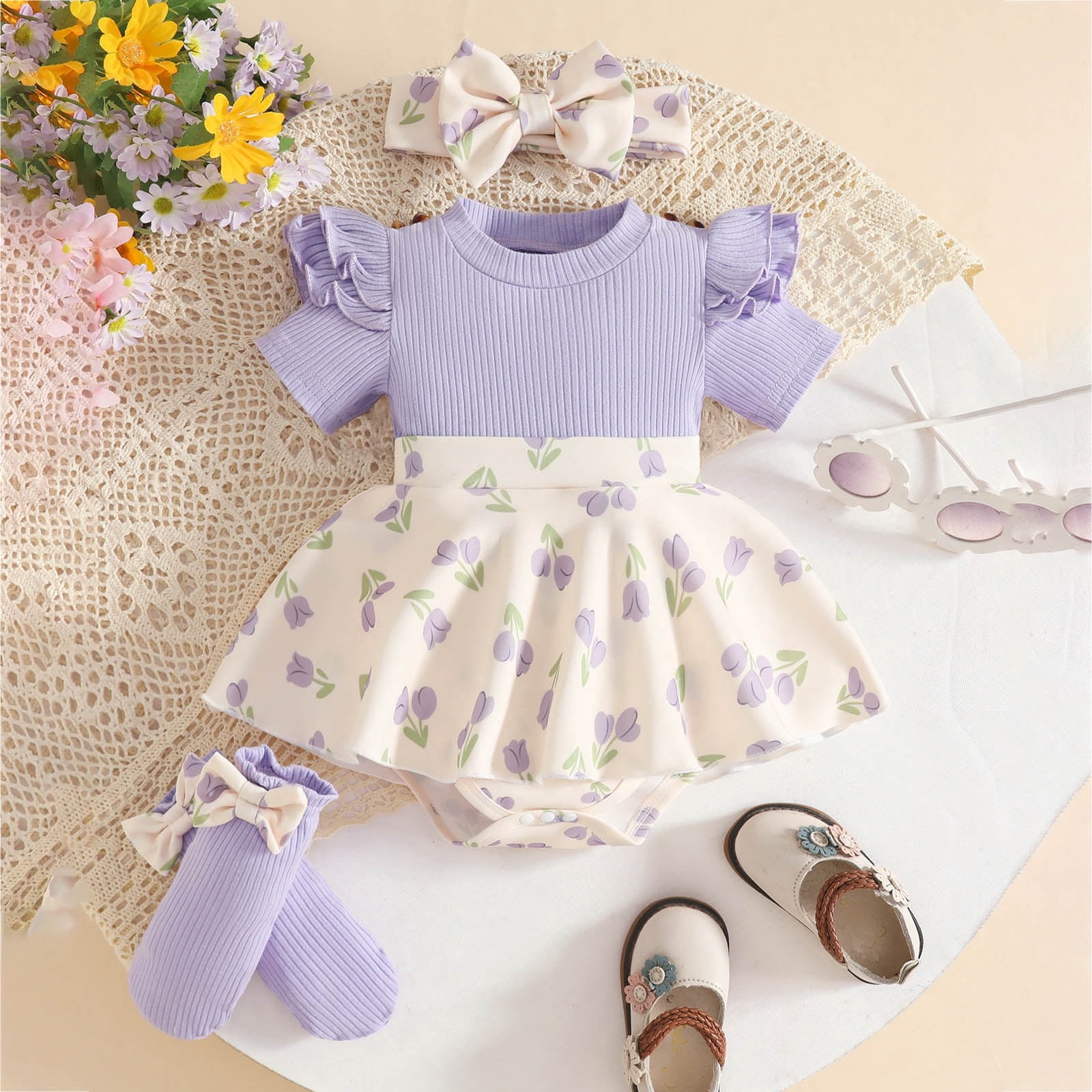 Faraee Baby Girl Summer Clothes Ruffle Romper Short Sleeve Bodysuit Bow Hairband Socks Newborn Infant Cute Outfits (6-9M,Purple)
