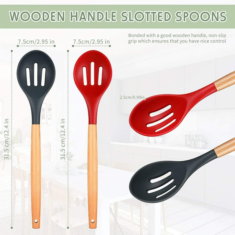 2 Pieces Silicone Nonstick Mixing Spoon Kitchen Cooking Spoons Serving  Spoon with Wooden Handle Heat Resistant Utensil Spoons for Mixing, Baking