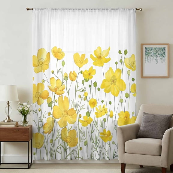 Yellow Daisy Sheer Curtains 84 Inches Long, Spring Floral Summer Botanical Watercolor Light Filering Curtains, Breathable Simi Curtain Privacy Drapes for Living Room Bedroom Window Treatment
