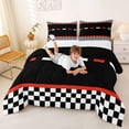 thumbnail image 3 of Castle Fairy Retro Race Border Queen Comforter Set 3pcs for Boys, Stripe Track Motif Bedding Comforter Set for Bedroom, Red Black,Black Reversible, 3 of 6