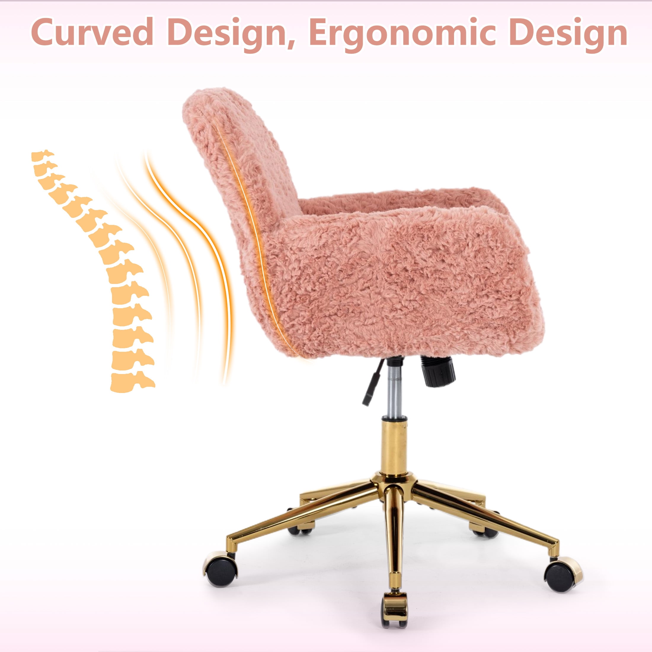 PAPROOS Vanity Chair with Back, Home Office Chair, Ergonomic Home Desk Chair with Artificial Rabbit Hair, Adjustable Swivel Task Computer Chair with Arm, Wheels, Pink