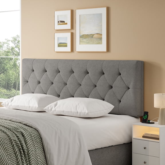 Someet Upholstered Headboard for Queen Size, Adjustable Height Headboard, Modern Diamond Tufting Solid Wood Headboard, Light Gray