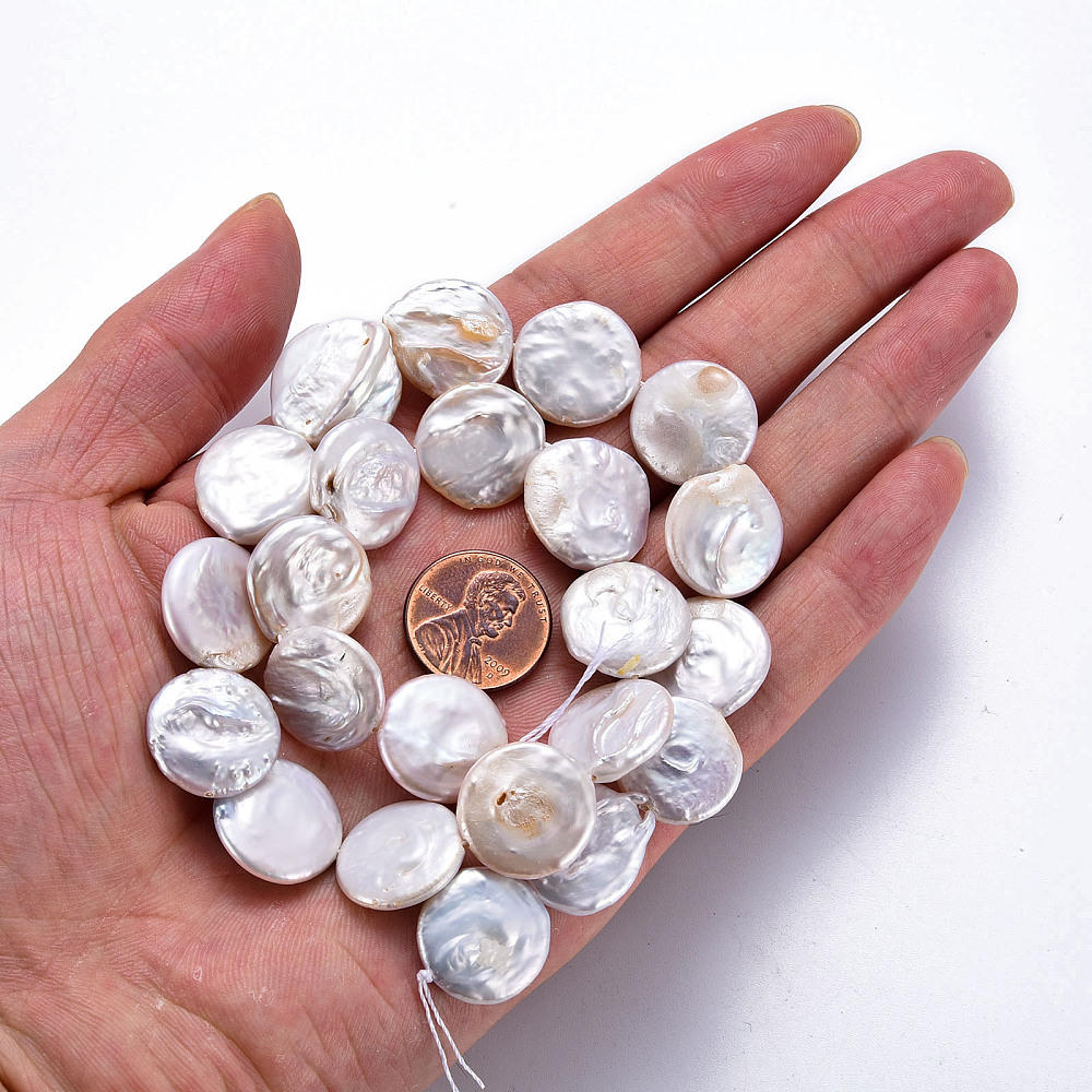 2strands Natural Keshi Pearl Beads Strands Cultured Freshwater Pearl Flat Round Seashell color 16~18x3~8mm Hole: 0.6mm about 22~23pcs/strand 14.57~15.35 inch(37~39cm)