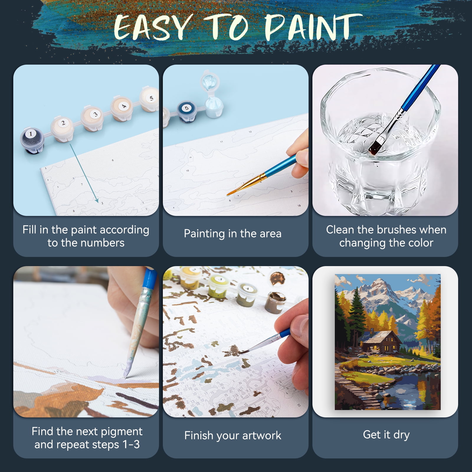 Qoosea 4 pack Paint by Numbers Kit for Adults with Frame, Paint by Number with Wooden Easel Diy Landscape Paint Kits for Adults for Home Decor Wall Decor 11.8x9.4inch