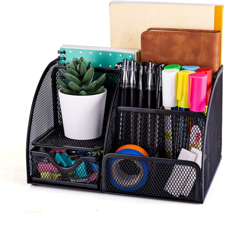 Furninxs Mesh Desk Organizer with Drawer, Desktop Office Supplies Multi-functional Caddy Pen Holder Stationery Accessories, Art Storage Supplies for