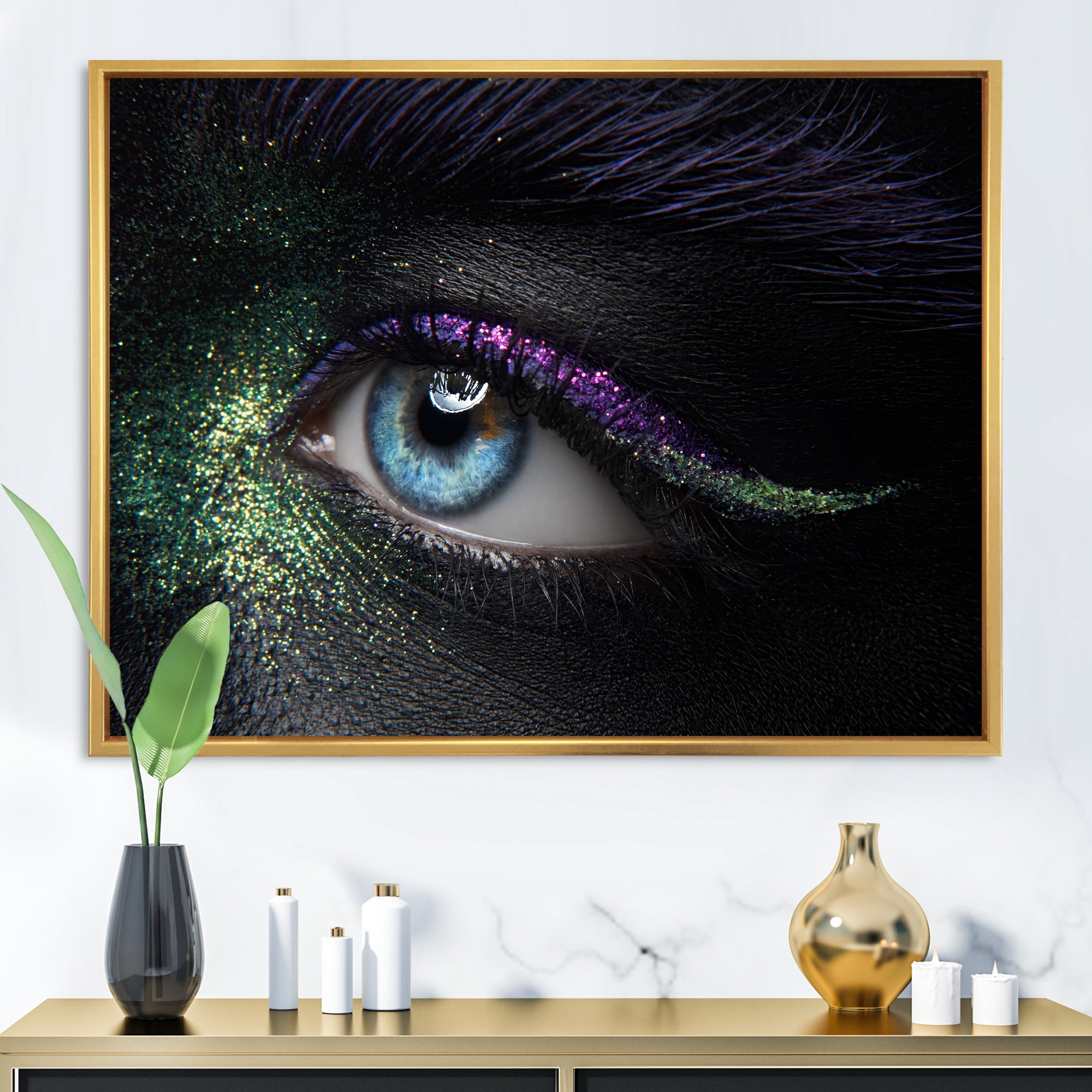 Woman Eyes With Green & Purple Pigment & Sparkles 32 in x 16 in Framed Photography Canvas Art Print, by Designart