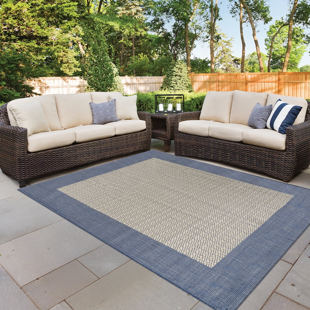 Couristan Recife Checkered Field 5'3" x 7'6" Champagne-Blue Outdoor Rug