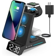 ANJANK Wireless Charging Station - 4 in 1 Wireless Charger with Alarm Clock, Wireless Stand Dock for iPhone, Black