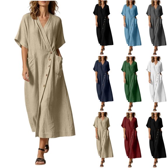 Bxsruta Women's Wrap V Neck Midi Dress Button Front Short Sleeve Loose Fit Casual Faux Linen Summer Dress Breathable Lightweight Versatile Everyday Flattering