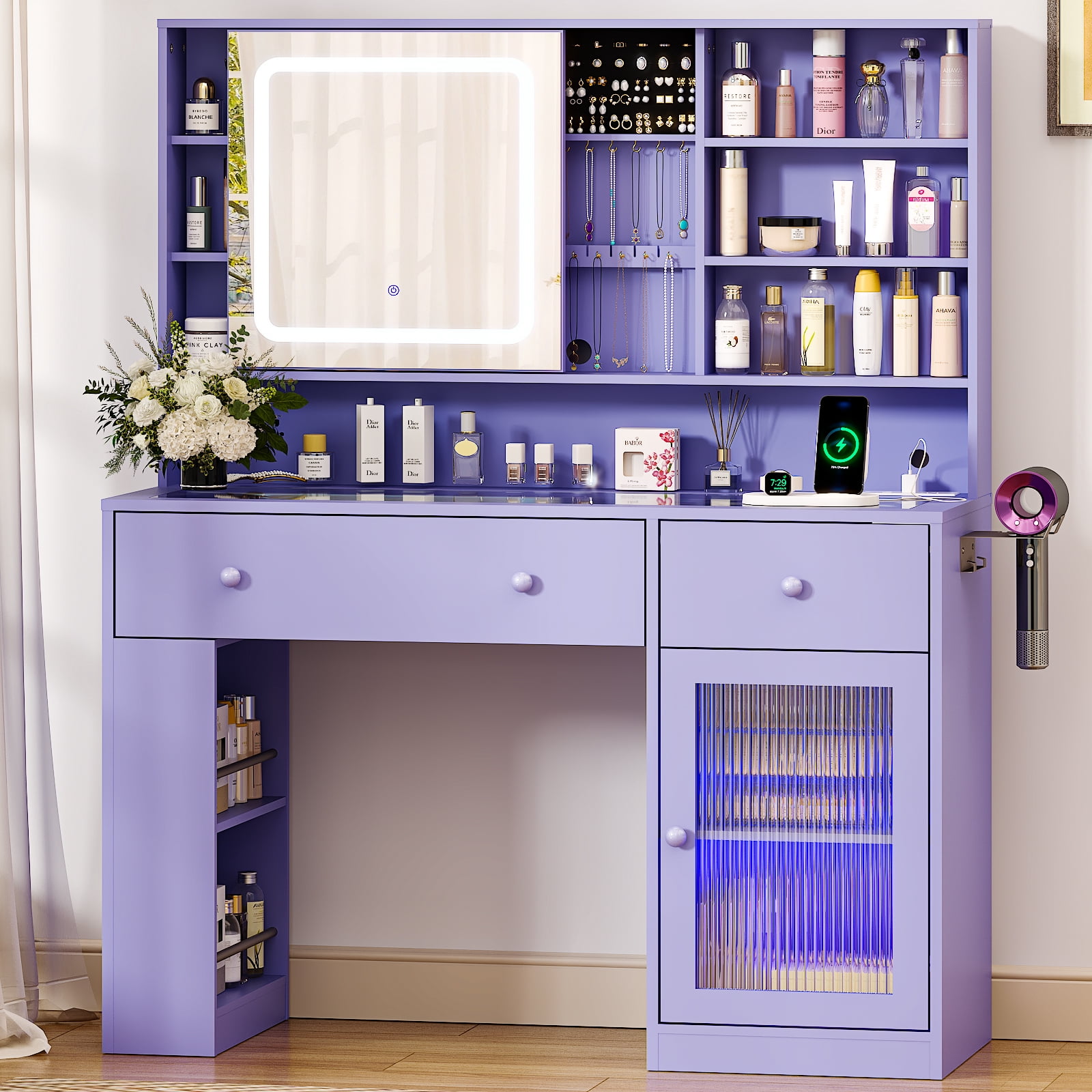 Ktaxon Makeup Vanity with Lighted Mirror,  Vanity Table Set w/ Charging Station, Side Rack, Sophia Purple