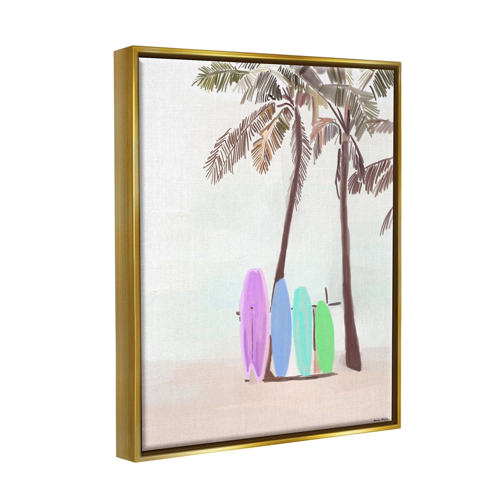 Stupell Industries Surfboards on Palm Trees Sports Painting Gold Floater Framed Art Print Wall Art, 25 x 31