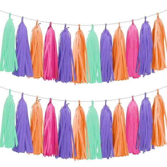 Tissue Paper Tassel Garland Banner, 20 Pack, Purple Blue Orange Pink, Pastel Party Decorations for Birthday, Baby Shower,Disco Them,Halloween