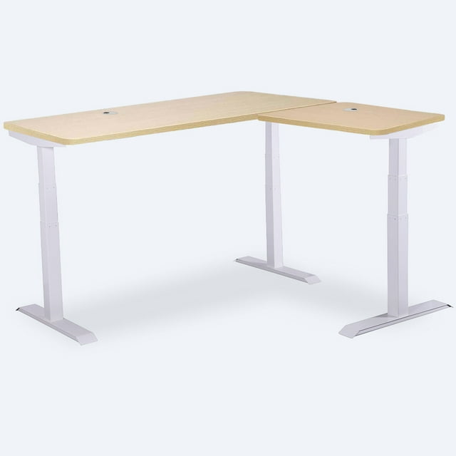 MotionGrey Standing Desk L Shape with White Frame and Oak Brown Tabletop