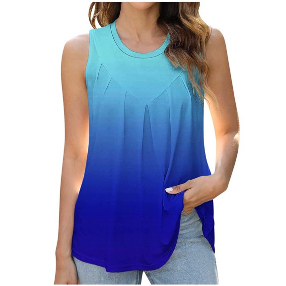 Aimik Women's Pleated Tank Tops Summer Gradient Round Neck Sleeveless Flowy Casual Vest Tops Soft Loose Fit Tank Shirts