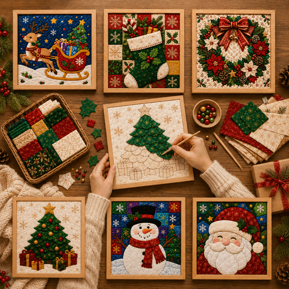 DIY Christmas Fabric Art Painting Kit, 3D Christmas Fabric Poke Art Kit with Frame & Tools, No-Sew Kinusaiga Style Holiday Craft for Adults, Beginners, Xmas Wall Decor Gift, 7.87 x 7.87 in