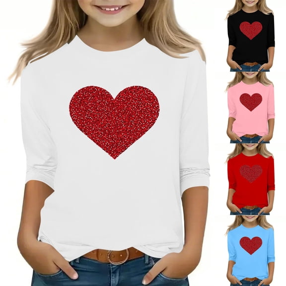Avrntaa Spring Valentine Tops for Girls - Heart Print 3/4 Sleeve Tee, Cute Loose Graphic Tunic, Casual Crewneck Blouse