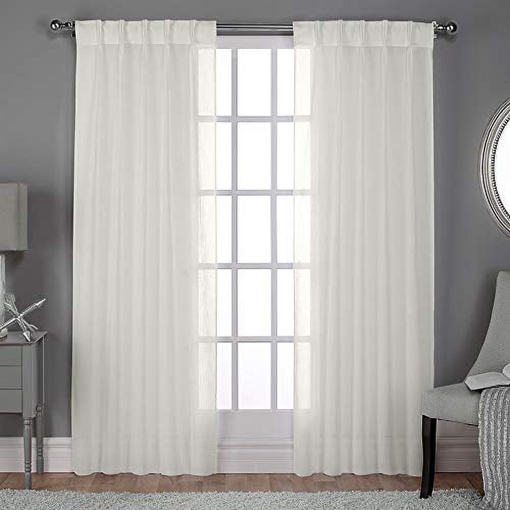 Exclusive Home Belgian Textured Linen Look Sheer Pinch Pleat/Hidden Tab Top Curtain Panel Pair, 96" Length, Snowflake