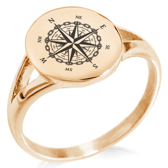Stainless Steel Nautical Chaim Compass Minimalist Oval Top Polished Statement Signet Ring