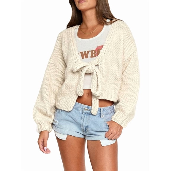 Knitted Cardigan Sweater Autumn Winter Long Sleeve Solid Lace Up Top Knitwear Female Outerwear Jacket Cream White S