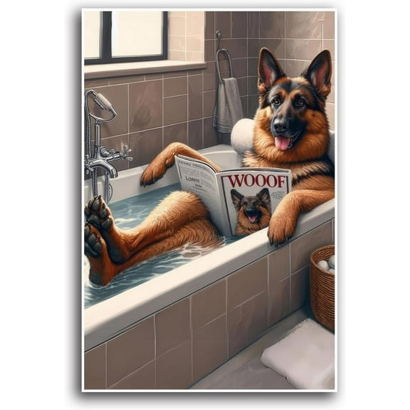 AVOI German Shepherd Bathtub Wall Art Kids Bathroom Animal Print Whimsical Dog Lover Gift for Mom Modern Home Decor Canvas Wall Art Poster Unframe: 12x16in