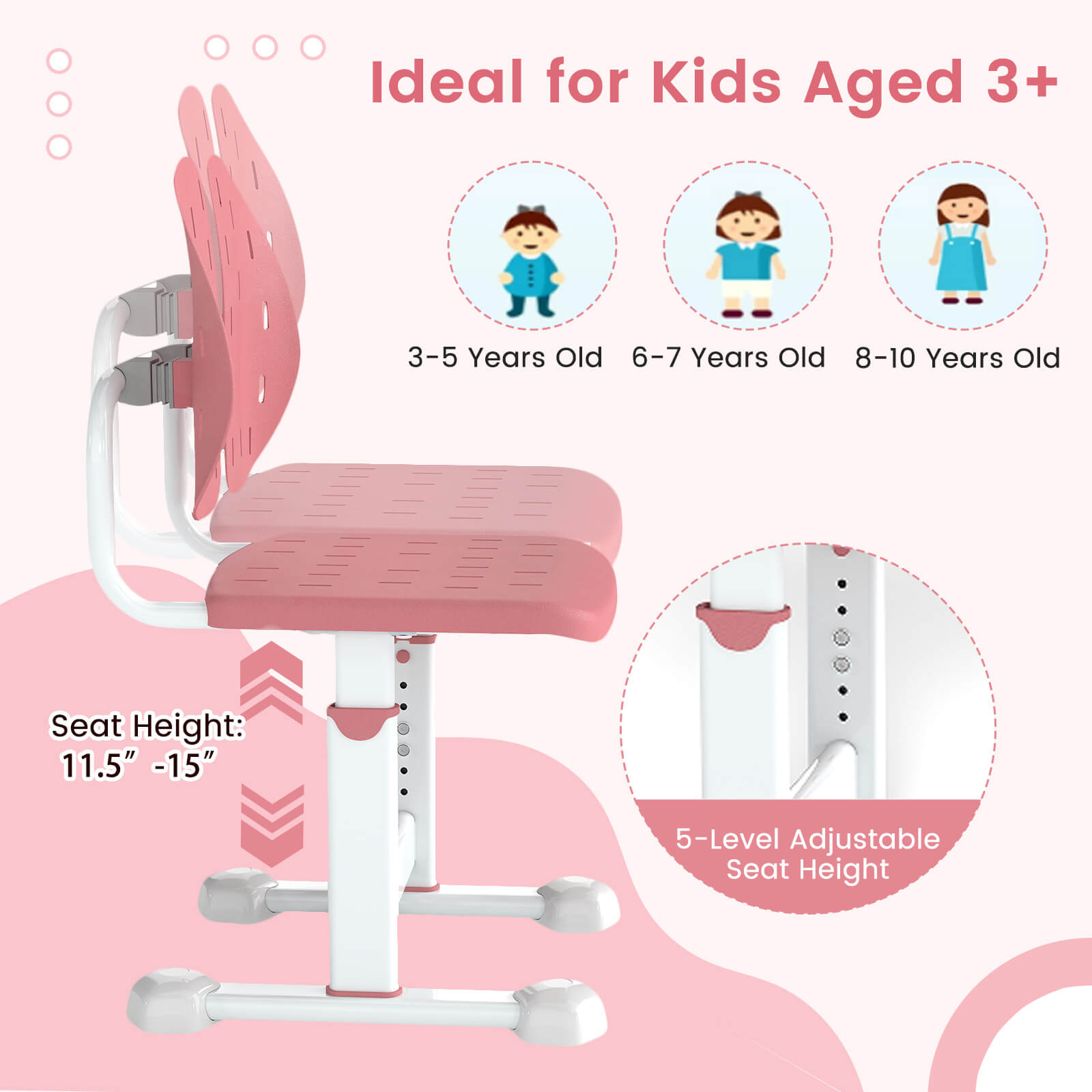 Costway Kids Desk Chair with Adaptive Double Backrest, Adjustable Height, Breathable Seat Pink