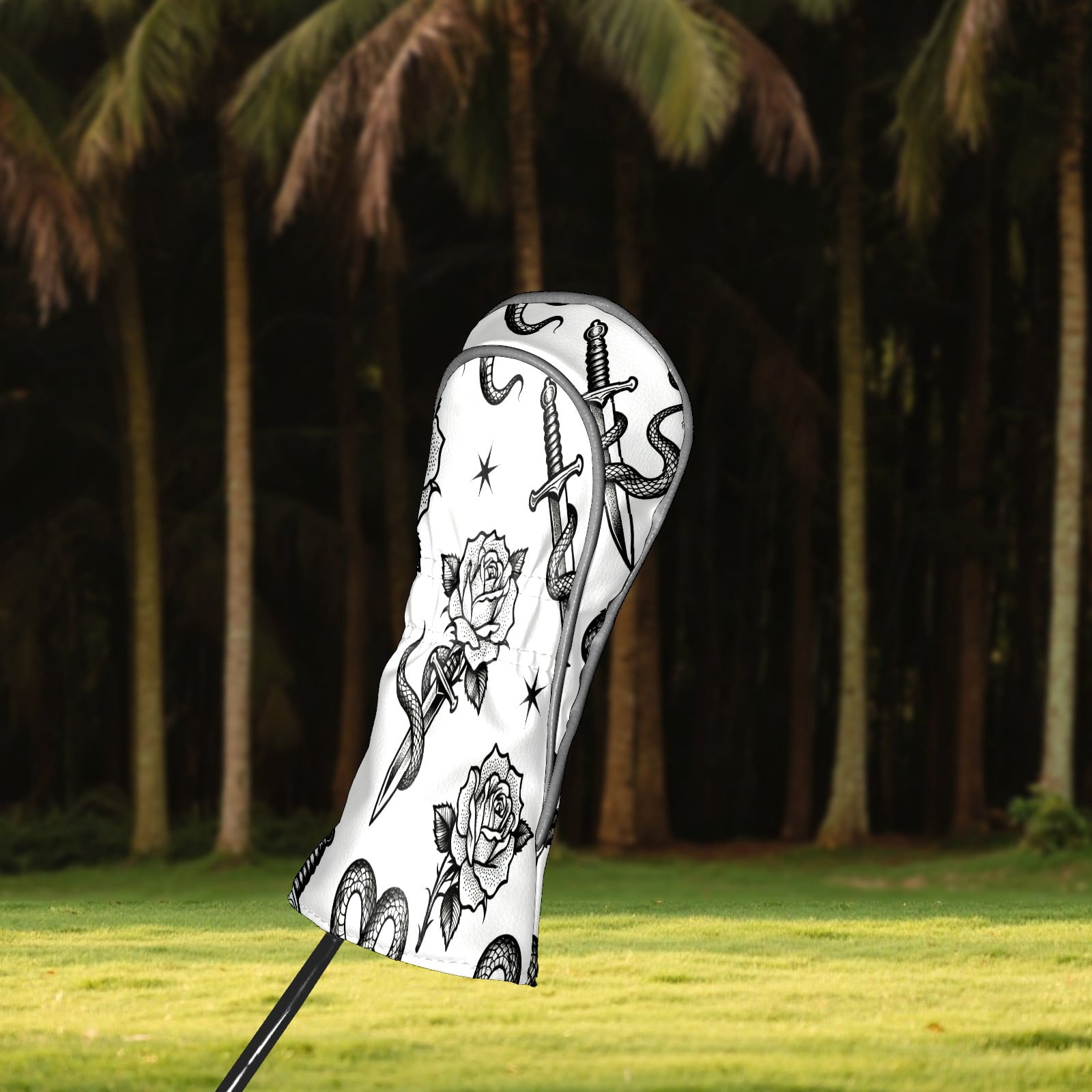 Golf Club Covers, BlackWhite RoseSword Premium PU Leather Driver Hybrid Putter Head Covers with Velvet Lining, Waterproof Golf Gifts for Men Women