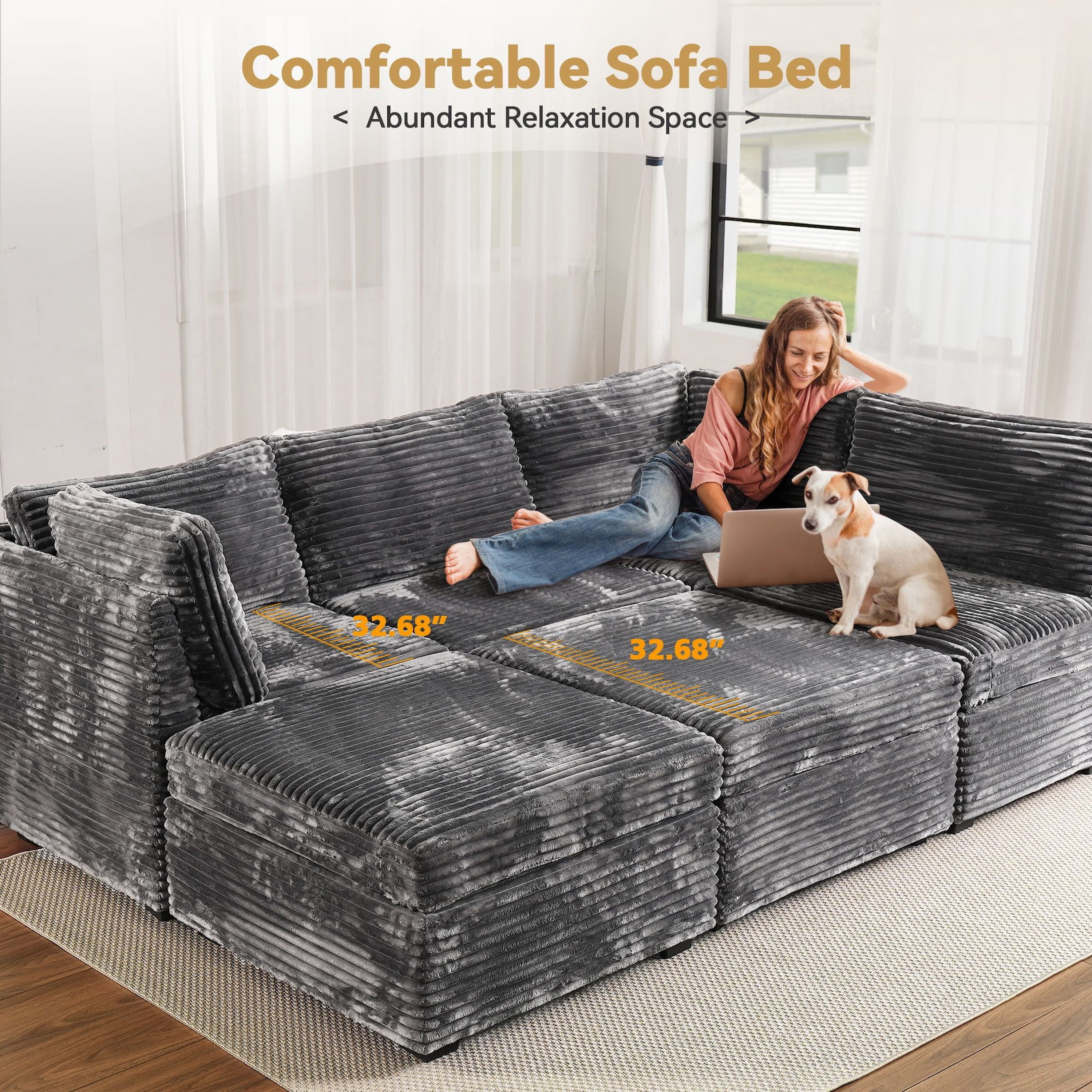 Vcatnet 130.7" Modular Sectional Sofa Cloud Couch Corduroy L Shaped Oversized Modern Minimalist Couch with Deep Seat for Living Room, 5 Seat, Gray