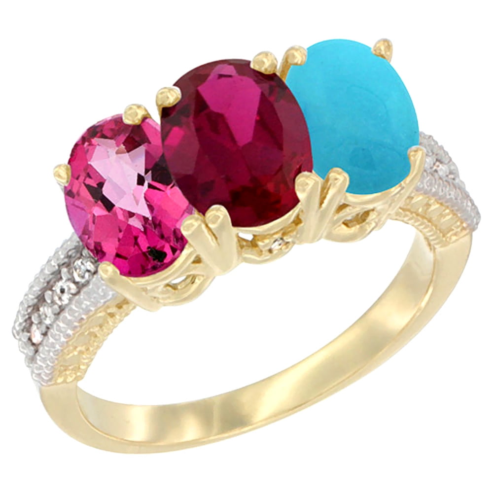 10K Yellow Gold Diamond Natural Pink Topaz, Enhanced Ruby & Turquoise Ring 3-Stone 7x5 mm Oval, sizes 5 10 by WorldJewels