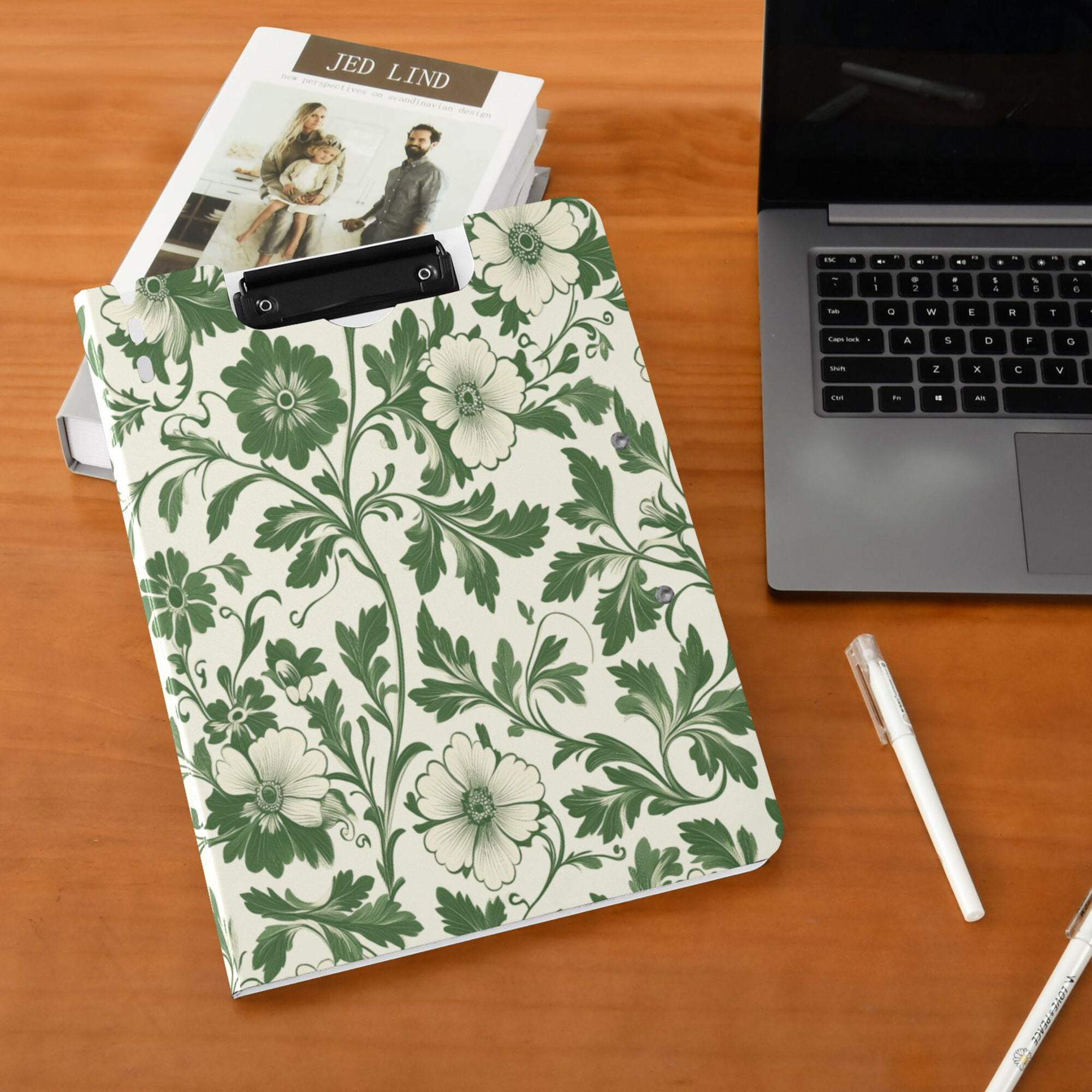 FORMRS A4 Clipboard Folder with Pen Holder Horizontal Foldable School Office Binder, Green Floral
