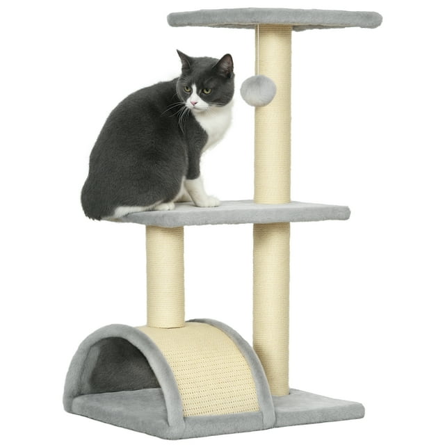 PawHut 28" Cat Tree Climbing Tower with Sisal Scratching Post, Light Grey