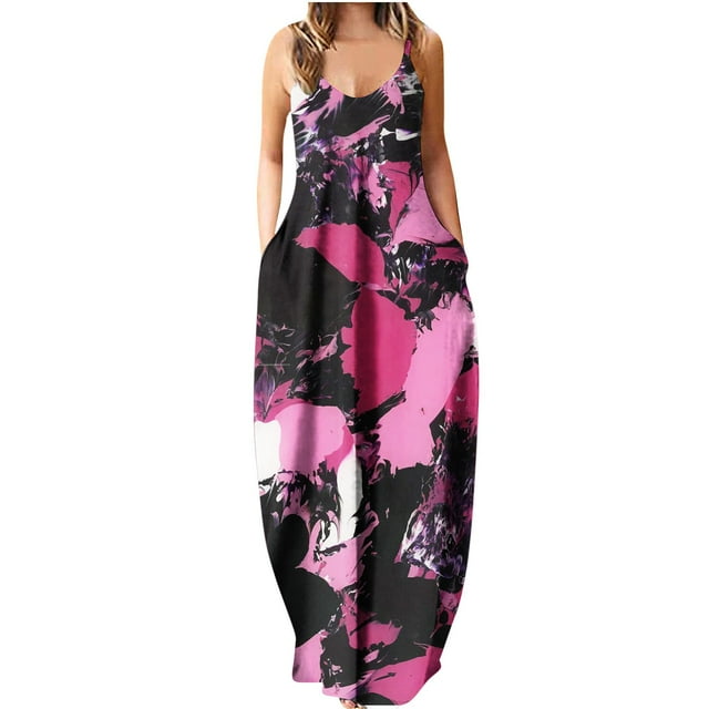 Lenago Robe de Bal Grande Taille Femme Été Imprimée Sans Manches Col Rond Aguichant Robe d'Été Décontractée Fluide Robe de Plage en Liquidation