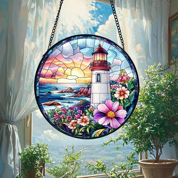 Vibrant Lighthouse Stained Glass Suncatcher, Coastal Window Hanging, Beach House Home Decor Gift