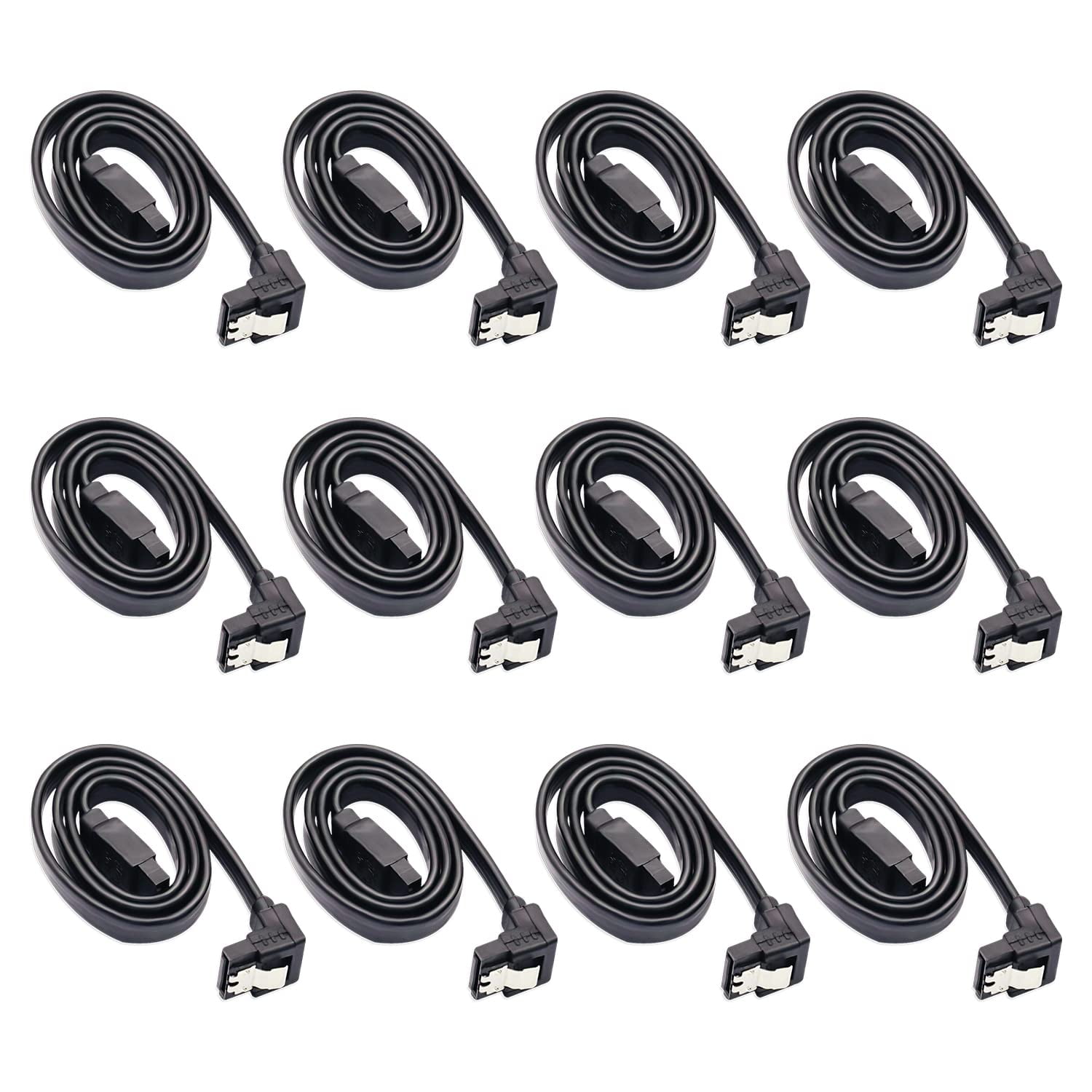 HRTGFD-12-Pack SATA III 6.0 Gbps Cables - 90 Degree Right Angle Black with Locking Latch, 16 Inch SATA Cable Pack for HDD, SSD, CD and DVD Drives