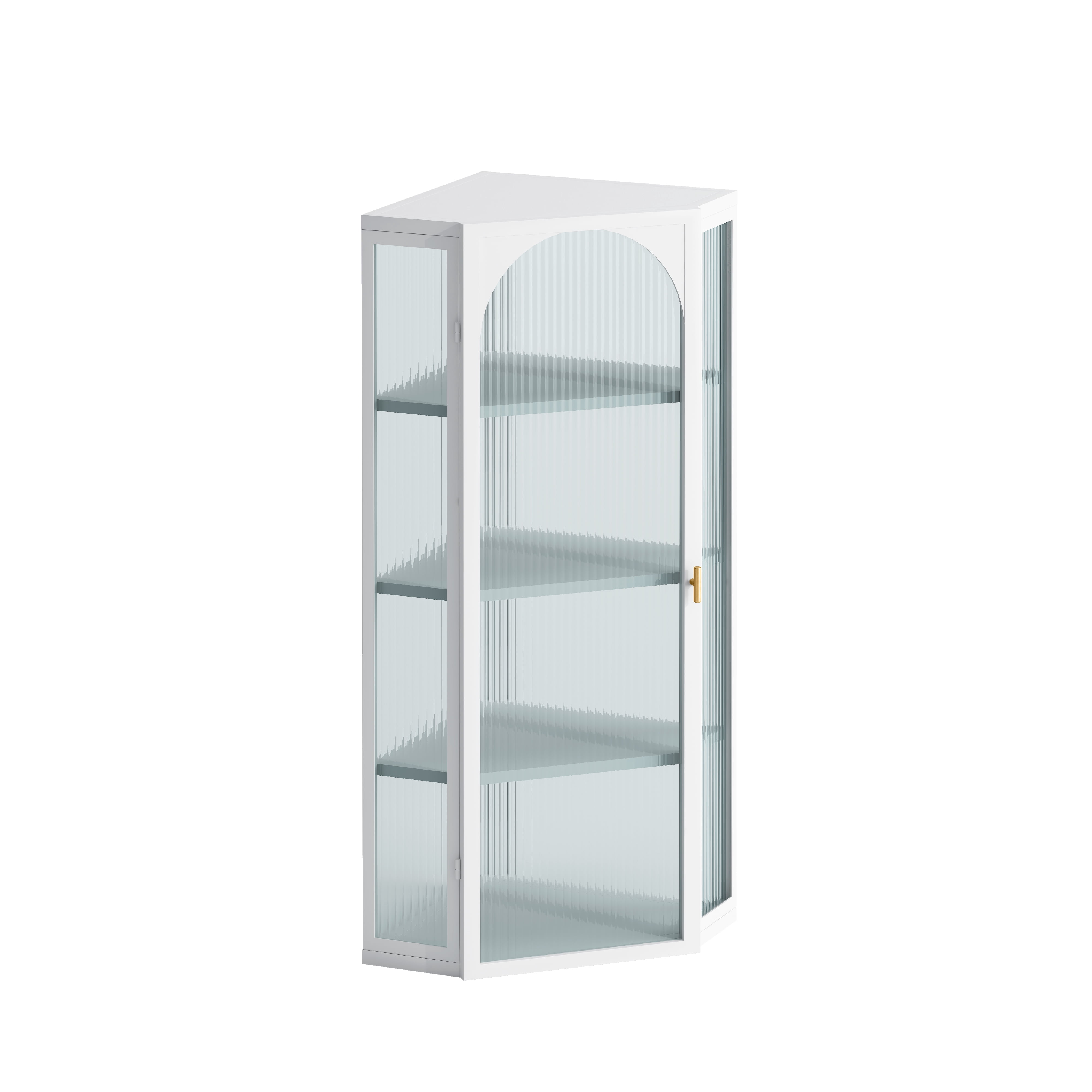 Wall Mounted Corner Cabinet 41.34 Inch, 4-Tier Glass Door Storage with Ribbed Glass and Metal Frame, Bathroom Organizer and Living Room Display Cabinet, White