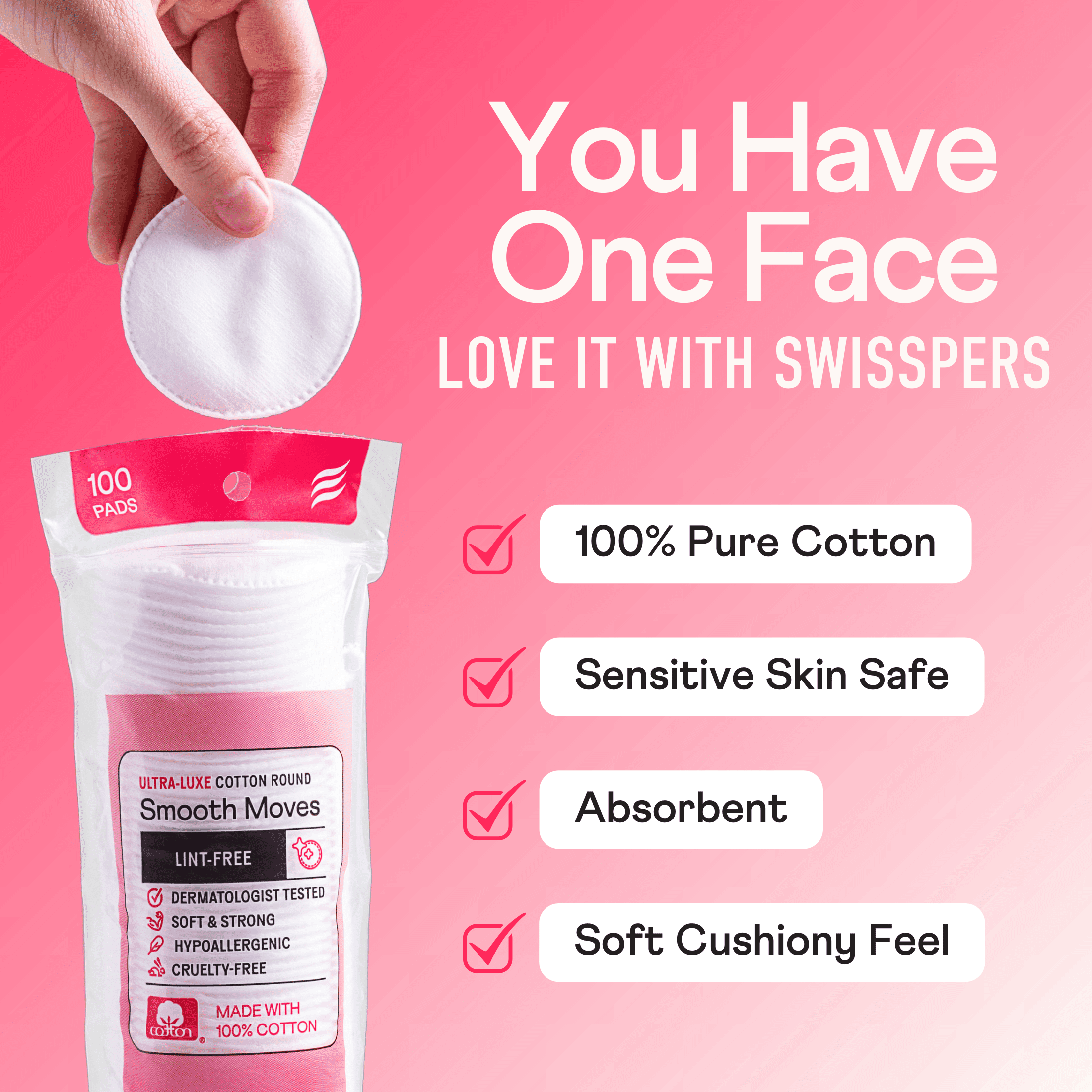 Swisspers 100% Ultra-Luxe Cotton Rounds, Soft & Strong, Lint-Free, 100% Pure Chlorine-Free Premium Cotton, Makeup Removal Rounds, Perfect for Skincare Routines, Made in USA, 100 Count