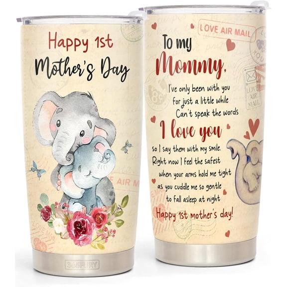 First Mothers Day Gifts For New Mom Daughter From Sister Baby Son - 1st Mothers Day Coffee Mug - Elephant 20oz Double Wall Vacuum Insulated Tumbler With Lid for Woman