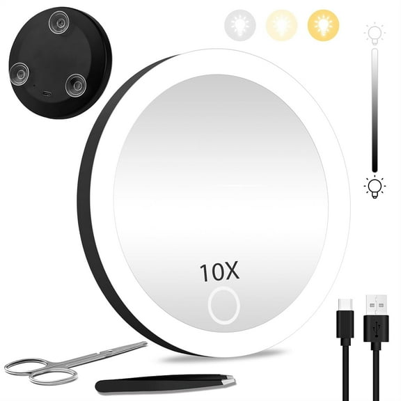 10X Magnifying Mirror with Lights, 4 inch Makeup Magnified Mirror 10x Lighted Travel Magnification Mirror with 3 Suction Cups -Black Portable Mirror Includes Tweezers & Scissors