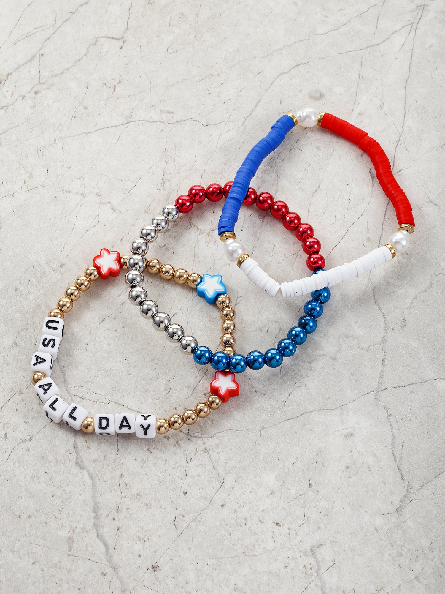 Way to Celebrate Americana "USA All Day" Beaded, Stretch Bracelets, 3 Pieces